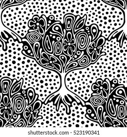 Seamless pattern, vector hand drawn repeating illustration, decorative ornamental stylized endless trees. Black and white abstract seamles graphic illustration. Artistic line drawing silhouette. 