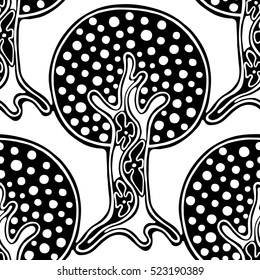 Seamless pattern, vector hand drawn repeating illustration, decorative ornamental stylized endless trees. Black and white abstract seamles graphic illustration. Artistic line drawing silhouette. 