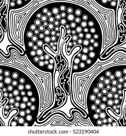 Seamless pattern, vector hand drawn repeating illustration, decorative ornamental stylized endless trees. Black and white abstract seamles graphic illustration. Artistic line drawing silhouette. 