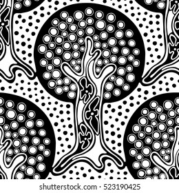 Seamless pattern, vector hand drawn repeating illustration, decorative ornamental stylized endless trees. Black and white abstract seamles graphic illustration. Artistic line drawing silhouette. 