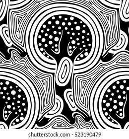 Seamless pattern, vector hand drawn repeating illustration, decorative ornamental stylized endless trees. Black and white abstract seamles graphic illustration. Artistic line drawing silhouette. 