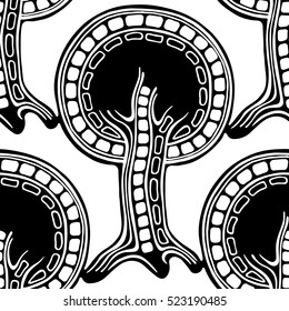 Seamless pattern, vector hand drawn repeating illustration, decorative ornamental stylized endless trees. Black and white abstract seamles graphic illustration. Artistic line drawing silhouette. 