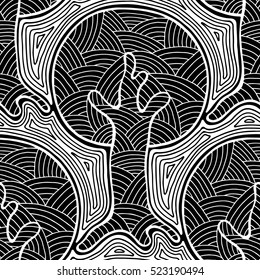 Seamless pattern, vector hand drawn repeating illustration, decorative ornamental stylized endless trees. Black and white abstract seamles graphic illustration. Artistic line drawing silhouette. 