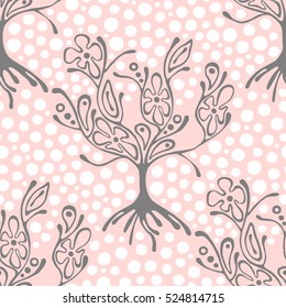 Seamless pattern, vector hand drawn repeating illustration, decorative ornamental stylized endless trees.  Pink abstract background, seamles graphic illustration Artistic line drawing silhouette.