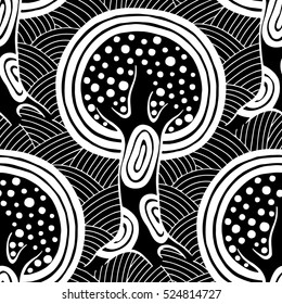 Seamless pattern, vector hand drawn repeating illustration, decorative ornamental stylized endless trees. Black and white astract seamles graphic illustration. Artistic line drawing silhouette
