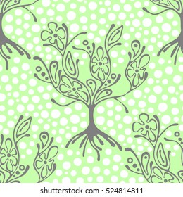 Seamless pattern, vector hand drawn repeating illustration, decorative ornamental stylized endless trees. Green abstract background, seamles graphic illustration Artistic line drawing silhouette.