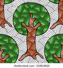 Seamless pattern, vector hand drawn repeating illustration, decorative ornamental stylized endless trees.  Colorful abstract background, seamles graphic illustration Artistic line drawing silhouette.
