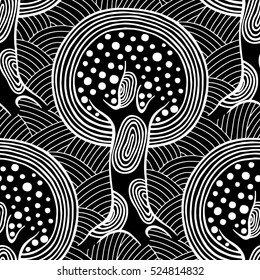 Seamless pattern, vector hand drawn repeating illustration, decorative ornamental stylized endless trees. Black and white astract seamles graphic illustration. Artistic line drawing silhouette