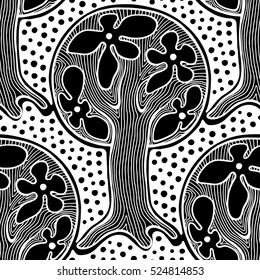 Seamless pattern, vector hand drawn repeating illustration, decorative ornamental stylized endless trees. Black and white astract seamles graphic illustration. Artistic line drawing silhouette