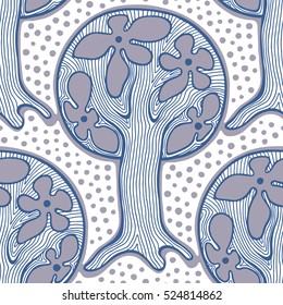 Seamless pattern, vector hand drawn repeating illustration, decorative ornamental stylized endless trees.  Blue abstract background, seamles graphic illustration Artistic line drawing silhouette.