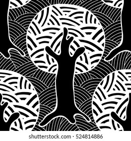 Seamless pattern, vector hand drawn repeating illustration, decorative ornamental stylized endless trees. Black and white astract seamles graphic illustration. Artistic line drawing silhouette