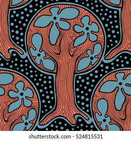 Seamless pattern, vector hand drawn repeating illustration, decorative ornamental stylized endless trees.  Blue, red abstract background, seamles graphic illustration Artistic line drawing silhouette.