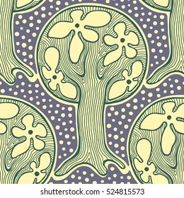 Seamless pattern, vector hand drawn repeating illustration, decorative ornamental stylized endless trees Blue yellow abstract background, seamles graphic illustration Artistic line drawing silhouette.