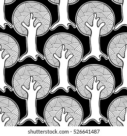 Seamless pattern, vector hand drawn repeating illustration, decorative ornamental stylized endless trees Black  white background abstract seamles graphic illustration Artistic line drawing vector.