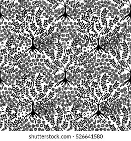 Seamless pattern, vector hand drawn repeating illustration, decorative ornamental stylized endless trees Black  white background abstract seamles graphic illustration Artistic line drawing silhouette.