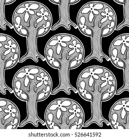 Seamless pattern, vector hand drawn repeating illustration, decorative ornamental stylized endless trees Black  white background abstract seamles graphic illustration Artistic line drawing silhouette.