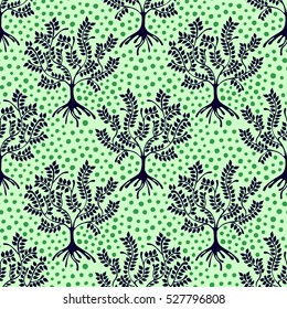 Seamless pattern, vector hand drawn repeating illustration, decorative ornamental stylized endless trees Green abstract background seamles graphic illustration Artistic line drawing vector silhouette