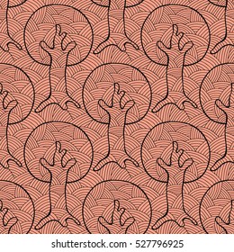 Seamless pattern, vector hand drawn repeating illustration, decorative ornamental stylized endless trees Red abstract background, seamles graphic illustration Artistic line drawing silhouette vector
