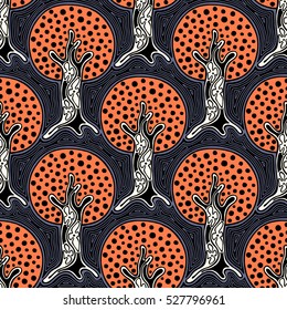 Seamless pattern, vector hand drawn repeating illustration, decorative ornamental stylized endless trees Red abstract background, seamles graphic illustration Artistic line drawing silhouette vector