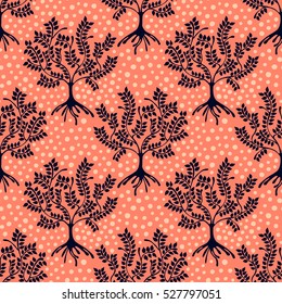 Seamless pattern vector hand drawn repeating illustration, decorative ornamental stylized endless trees. Red abstract background, seamles graphic illustration Artistic line drawing silhouette vector