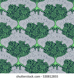 Seamless pattern, vector hand drawn repeating illustration, decorative ornamental stylized endless trees Green abstract background, seamles graphic illustration Artistic line drawing silhouette..