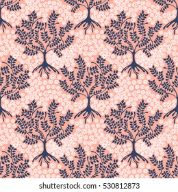 Seamless pattern, vector hand drawn repeating illustration, decorative ornamental stylized endless trees Pink abstract background, seamles graphic illustration Artistic line drawing silhouette..