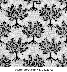 Seamless pattern, vector hand drawn repeating illustration, decorative ornamental stylized endless trees Grey abstract background, seamles graphic illustration Artistic line drawing silhouette..