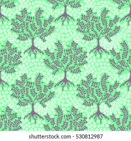 Seamless pattern, vector hand drawn repeating illustration, decorative ornamental stylized endless trees Green abstract background, seamles graphic illustration Artistic line drawing silhouette..