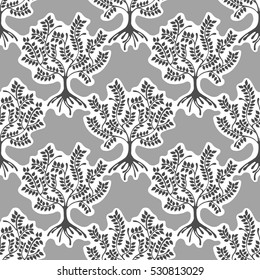 Seamless pattern, vector hand drawn repeating illustration, decorative ornamental stylized endless trees Grey abstract background, seamles graphic illustration Artistic line drawing silhouette..