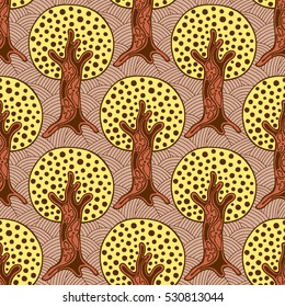 Seamless pattern, vector hand drawn repeating illustration, decorative ornamental stylized endless trees Brown abstract background, seamles graphic illustration Artistic line drawing silhouette..