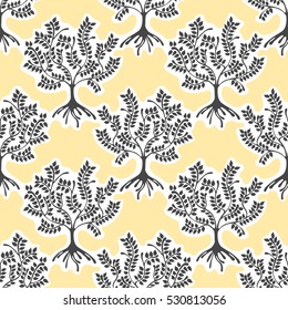 Seamless pattern, vector hand drawn repeating illustration, decorative ornamental stylized endless trees Yellow abstract background, seamles graphic illustration Artistic line drawing silhouette..