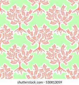 Seamless pattern, vector hand drawn repeating illustration, decorative ornamental stylized endless trees Green, pink abstract background, seamles graphic illustration Artistic line drawing silhouette.
