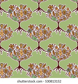 Seamless pattern, vector hand drawn repeating illustration decorative ornamental stylized endless trees Green vintage abstract background seamles graphic illustration Artistic line drawing silhouette