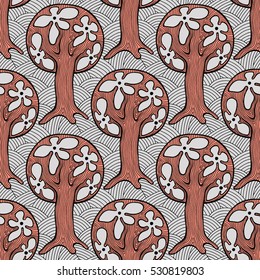 Seamless pattern, vector hand drawn repeating illustration, decorative ornamental stylized endless trees. Colorful abstract background, seamles graphic illustration Artistic line drawing silhouette..