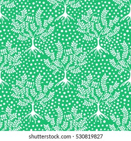 Seamless pattern, vector hand drawn repeating illustration, decorative ornamental stylized endless trees. Green abstract background, seamles graphic illustration. Artistic line drawing silhouette..