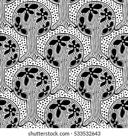 Seamless pattern, vector hand drawn repeating illustration, decorative ornamental stylized endless trees Black  white background abstract seamles graphic illustration Artistic line drawing silhouette.