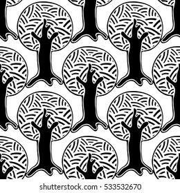 Seamless pattern, vector hand drawn repeating illustration, decorative ornamental stylized endless trees Black  white background abstract seamles graphic illustration Artistic line drawing silhouette.