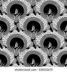 Seamless pattern, vector hand drawn repeating illustration, decorative ornamental stylized endless trees Black  white background abstract seamles graphic illustration Artistic line drawing silhouette.