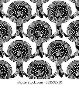 Seamless pattern, vector hand drawn repeating illustration, decorative ornamental stylized endless trees Black  white background abstract seamles graphic illustration Artistic line drawing silhouette.