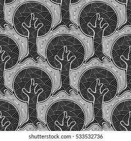 Seamless pattern, vector hand drawn repeating illustration, decorative ornamental stylized endless trees Black  white background abstract seamles graphic illustration Artistic line drawing silhouette.