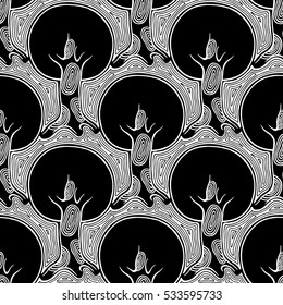 Seamless pattern, vector hand drawn repeating illustration, decorative ornamental stylized endless trees Black  white background abstract seamles graphic illustration Artistic line drawing silhouette.