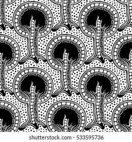 Seamless pattern, vector hand drawn repeating illustration, decorative ornamental stylized endless trees Black  white background abstract seamles graphic illustration Artistic line drawing silhouette.