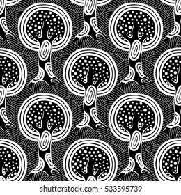 Seamless pattern, vector hand drawn repeating illustration, decorative ornamental stylized endless trees Black  white background abstract seamles graphic illustration Artistic line drawing silhouette.