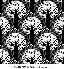 Seamless pattern, vector hand drawn repeating illustration, decorative ornamental stylized endless trees Black  white background abstract seamles graphic illustration Artistic line drawing silhouette.