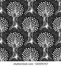 Seamless pattern, vector hand drawn repeating illustration, decorative ornamental stylized endless trees Black  white background abstract seamles graphic illustration Artistic line drawing silhouette.