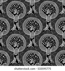 Seamless pattern, vector hand drawn repeating illustration, decorative ornamental stylized endless trees Black  white background abstract seamles graphic illustration Artistic line drawing silhouette.