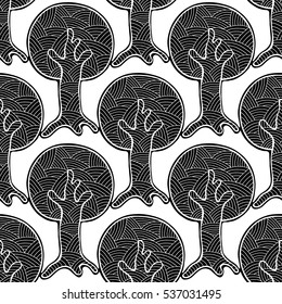 Seamless pattern, vector hand drawn repeating illustration, decorative ornamental stylized endless trees, Black  white background abstract, Artistic line drawing.