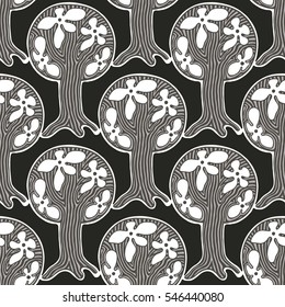Seamless pattern, vector hand drawn repeating illustration, decorative ornamental stylized endless trees. Colorful abstract background, seamles graphic illustration Artistic line drawing silhouette..