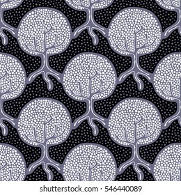 Seamless pattern, vector hand drawn repeating illustration, decorative ornamental stylized endless trees. Colorful abstract background, seamles graphic illustration Artistic line drawing silhouette..