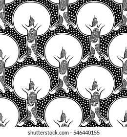 Seamless pattern, vector hand drawn repeating illustration, decorative ornamental stylized endless trees. Colorful abstract background, seamles graphic illustration Artistic line drawing silhouette..